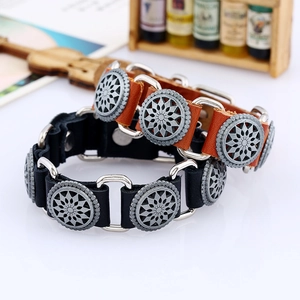 Retro Harajuku leather bracelets in black and brown with floral metal disc ornaments