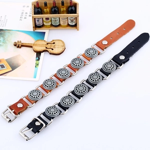Harajuku punk style leather bracelets with metallic sunflower charms and adjustable buckle