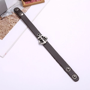 Adjustable black leather bracelet with vintage silver alloy anchor pendant for men and women