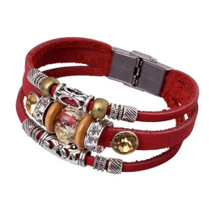 Bracciale Avvolgente Vintage Multistrato in Pelle di Vacchetta per Uomo Donna Braccialetto con Perline Boho Strass Legno Fibbia in Acciaio