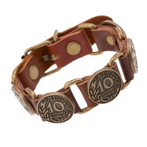 Vintage Punk Genuine Leather Bracelet For Men Women Retro Alloy French Coin 10 Centimes Embossed Charm Connection Wristband Jewelry