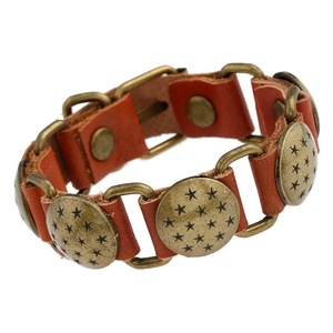 Bracciale punk in pelle marrone per uomo con anelli in bronzo e motivo a stelle