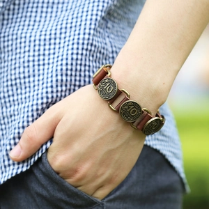 Retro brown leather bracelet with antique bronze 10 centimes coins for punk street style