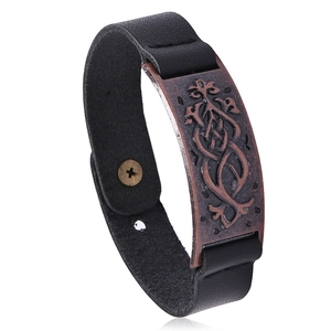 Bracelet large en cuir noir style punk rétro pour homme avec plaque en métal bronze