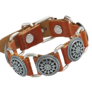 Punk vintage brown leather bracelet with sunflower embossed metal studs and silver rings