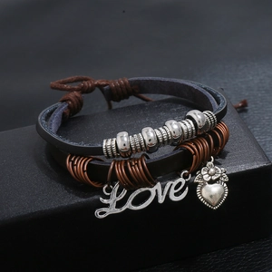 Retro multi-layer leather braided bracelet with Love letter and heart charm on black box