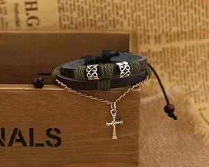 Multilayer leather beaded bracelet with silver cross pendant in vintage punk style