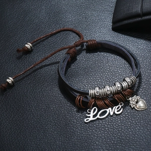Retro multi-layer leather bead bracelet with silver Love and heart flower charms