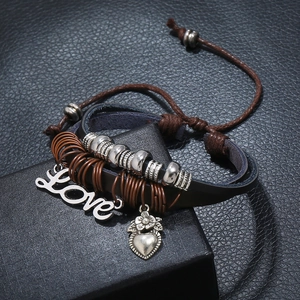 Vintage dark brown braided leather bracelet with Love heart charms and silver beads