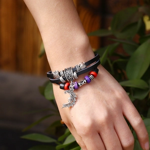 Bohemian multilayer leather bracelet with a crescent moon pendant and colorful beads