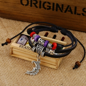 Handmade multilayer leather beaded bracelet with a vintage half moon face pendant