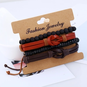 Lot de 4 bracelets en cuir tressé avec perles en bois de style mode rétro exotique