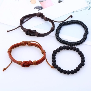 Lot de 4 bracelets rétro en cuir tressé et perles de bois pour hommes et femmes