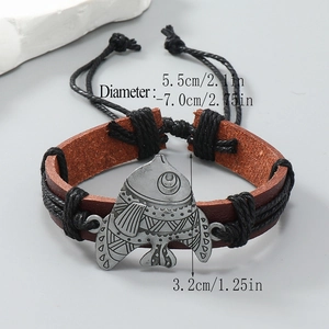Vintage brown leather woven bracelet with silver fish pendant and adjustable drawstring closure