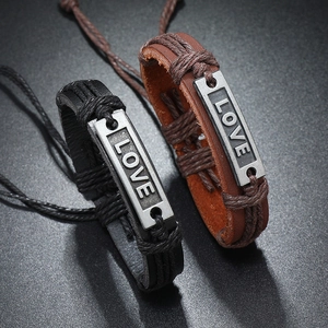 Minimalist hand-woven vintage leather bracelets with LOVE engraving for couples