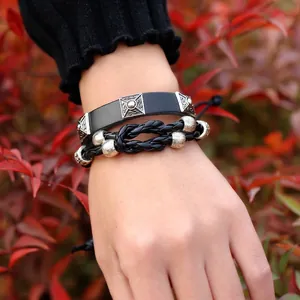 Men's retro punk leather bracelet set with metallic studs and woven beads detail
