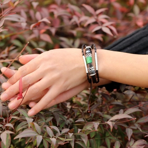 Retro multilayer braided brown leather bracelet with silver metal beads for men and women