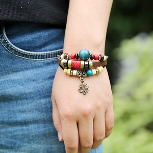 Bohemian multilayer leather bracelet with colorful wood beads and clover charm