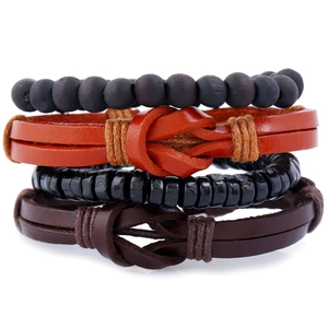 Bracelets Tressés en Cuir Rétro pour Hommes Femmes Style Punk Ethnique Perles en Bois Poignets Tressés à la Main Réglables