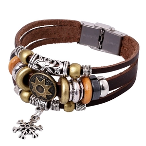 Vintage Multi-layer Cowhide Leather Bracelet For Women Men Retro Alloy Snowflake Sun Pendant Handmade Woven Wristband Jewelry
