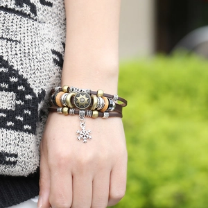 Retro multi-layer leather beaded bracelet with snowflake charm and sun star medal decor