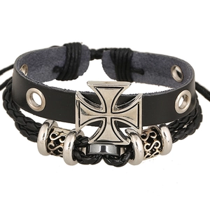 Bracelet Vintage en Cuir de Vachette Multicouche Croix Rétro Perles Punk Rock Ajustable Cordon Bijoux pour Hommes Femmes