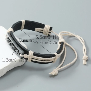 Handmade woven leather bracelet with engraved achieve metal plate and adjustable drawstring