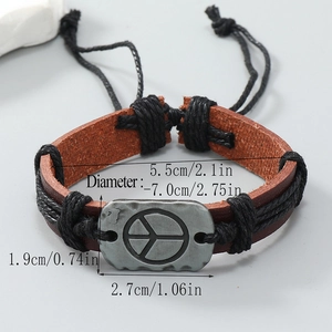 Bracciale in pelle intrecciato a mano con simbolo della pace antico e cordino regolabile