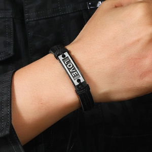Handmade woven vintage leather bracelet with engraved LOVE metal plate for couples
