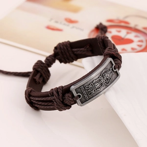 Retro brown leather woven bracelet with engraved vintage silver Sweden metal plate