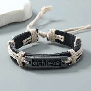 Braided leather and rope bracelet with zinc alloy plate featuring achieve engraving