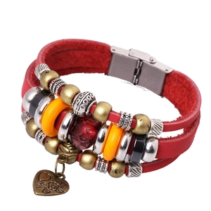 Vintage Ethnic Multilayer Genuine Leather Bracelet For Men Women Alloy Bead Heart Pendant Bohemia Punk Style Jewelry