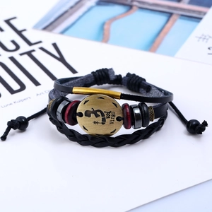 Multilayer leather Virgo zodiac bracelet with vintage bronze charm and wooden beads