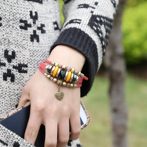 Bohemian multi-layer red leather bracelet with vintage beads and heart pendant