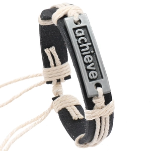 Handmade Braided PU Leather Bracelet With Alloy Achieve Engraved Plate Adjustable Hemp Rope Wrap Jewelry For Men Women
