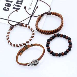 Vintage leather bracelet set for men with volcanic stone beads and silver anchor charm