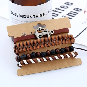 Men's leather bracelet set with anchor charm and volcanic stone beads on card