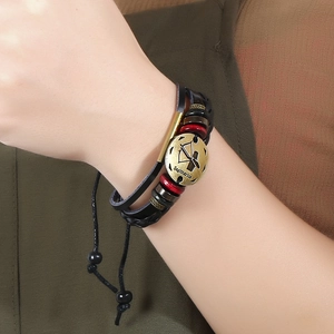 Multilayer black leather Sagittarius zodiac bracelet with bronze alloy beads for men and women