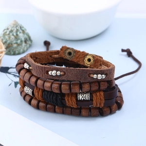 Ensemble de bracelets multicouches en cuir tressé rétro avec perles et breloques