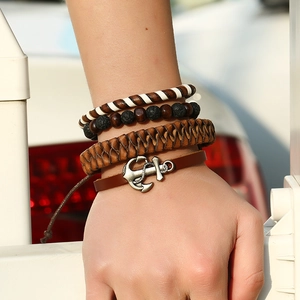 Men's retro leather bracelet set with lava stone beads and silver anchor charm