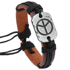 Bracciale in pelle fatto a mano con segno di pace cinturino marrone e cordino nero