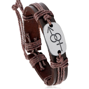 Vintage Braided Cowhide Leather Bracelet Metal Gender Symbol Plate Adjustable Drawstring Brown Wrap Bracelet Jewelry