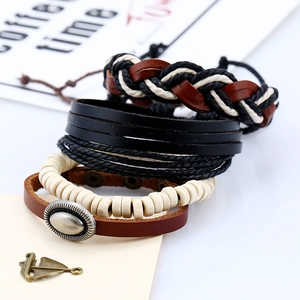 Men's retro multilayer leather bracelet set with woven ropes and metal charms