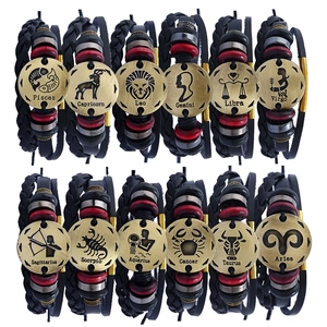 Vintage Handmade Braided Leather Zodiac Bracelets For Men Women Alloy 12 Constellation Signs Multi Layer Adjustable Jewelry