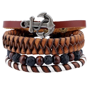 Men's Retro Multilayer Leather Bracelet Set With Anchor Charm Braided Cord Punk Nautical Style Hand Jewelry Gift For Men