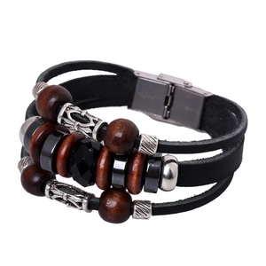 Bracelet en Cuir Tressé Multicouche Pour Hommes Vintage Avec Perles en Bois Et Strass Fermoir en Acier Inoxydable Punk