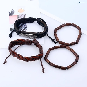 Retro multi-layer leather bracelet set with alloy wing charm and wooden beads