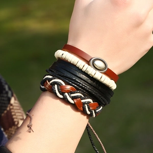 Men's retro multilayer leather bracelet set with woven ropes and resin beads