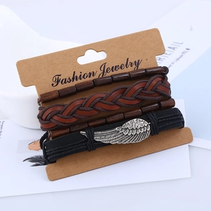 Men's retro layered bracelet set with woven leather and silver metal wing charm