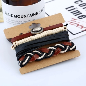 Men's retro braided leather bracelet set with metallic charms and multi-layer beads